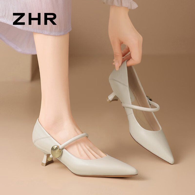 ZHR女鞋增高細跟時尚百搭淺口單鞋瑪麗珍尖頭鞋子女 S258 米色 36 