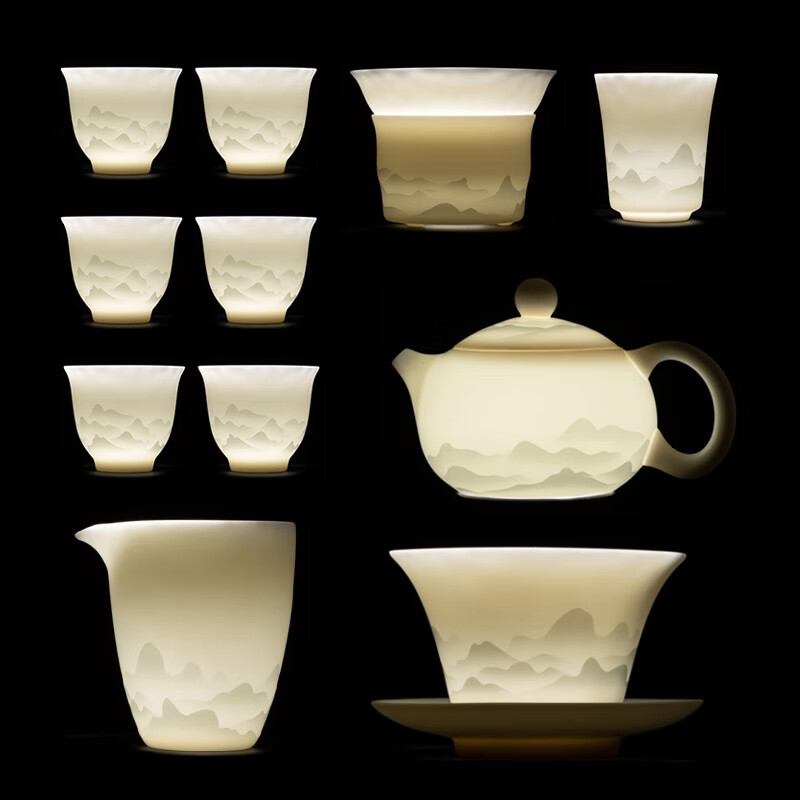 金镶玉温文杰老师手作 功夫茶具套装素烧羊脂玉瓷家用陶瓷送礼礼盒装 温文杰水墨远山羊脂玉瓷套装