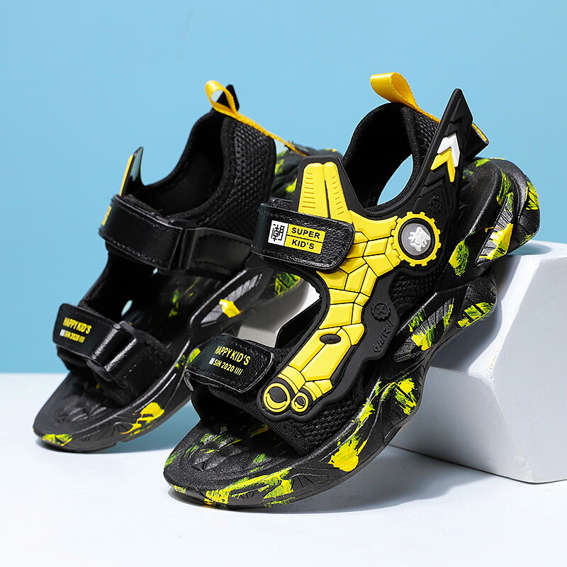 妙款夏季男童凉鞋防滑软底儿童沙滩鞋男孩鞋子中大童 黄 28码