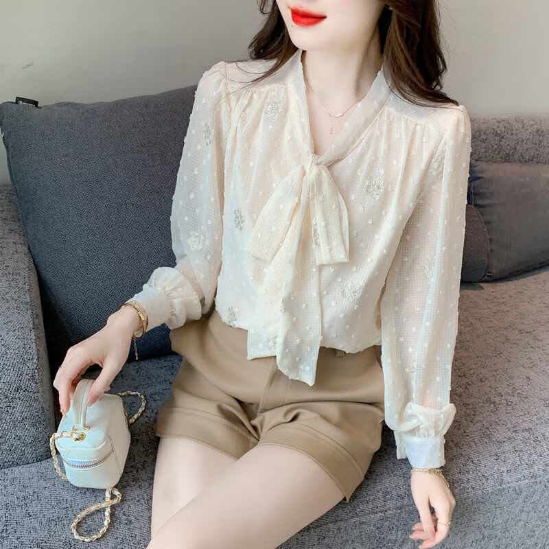 沫婉琦秋季新款时尚长袖蝴蝶结雪纺衫女超仙的衬衫百搭显瘦设计感上衣