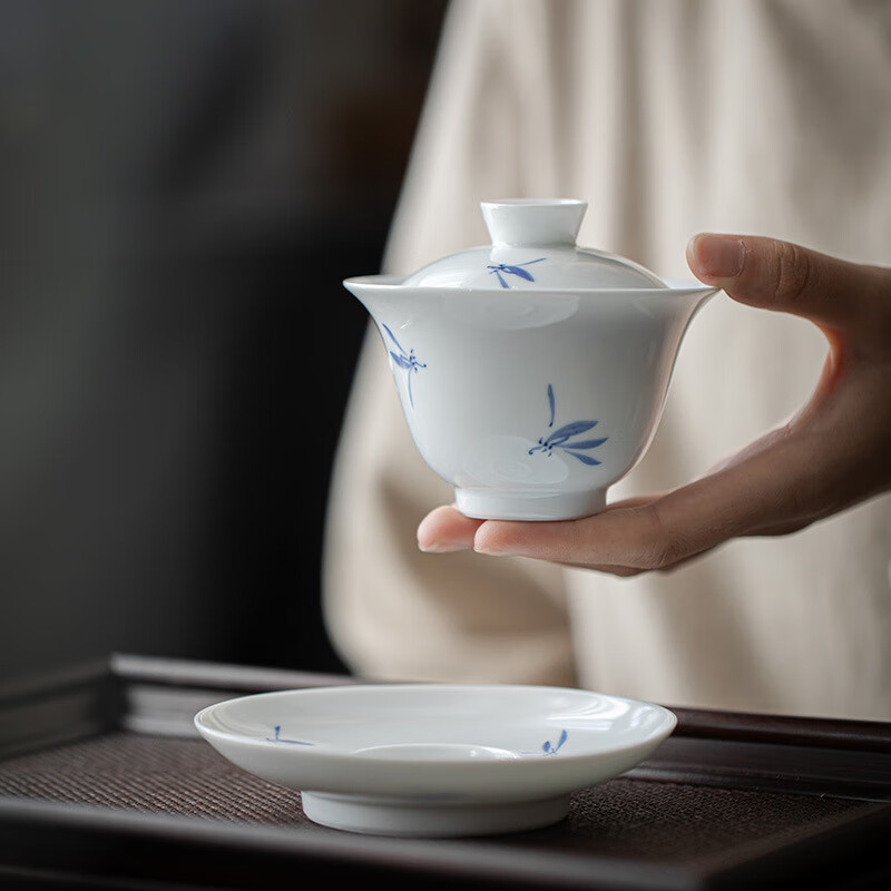 松风物鸣玉泥白瓷手绘秋水兰花三才盖碗白瓷功夫茶具陶瓷家用泡茶碗