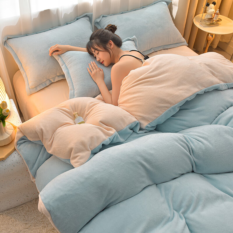 恒源祥 牛奶绒被套单件 冬季加厚纯色牛奶绒被罩三件套学生宿舍秋冬保暖 天蓝奶油【双面绒*加倍保暖】 180cm*220cm 【被套单件】