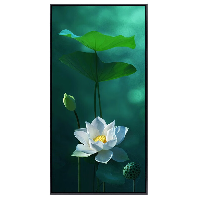 艺幻新中式纯手绘油画超写实荷花莲花客厅装饰画花卉玄关竖版 鱼窥荷