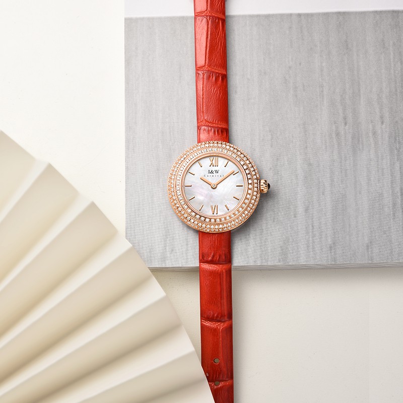 爱沃驰瑞士达芬奇系列璀璨星空轻奢石英手表女士表七夕生日礼物送女友 玫壳白盘|红皮带
