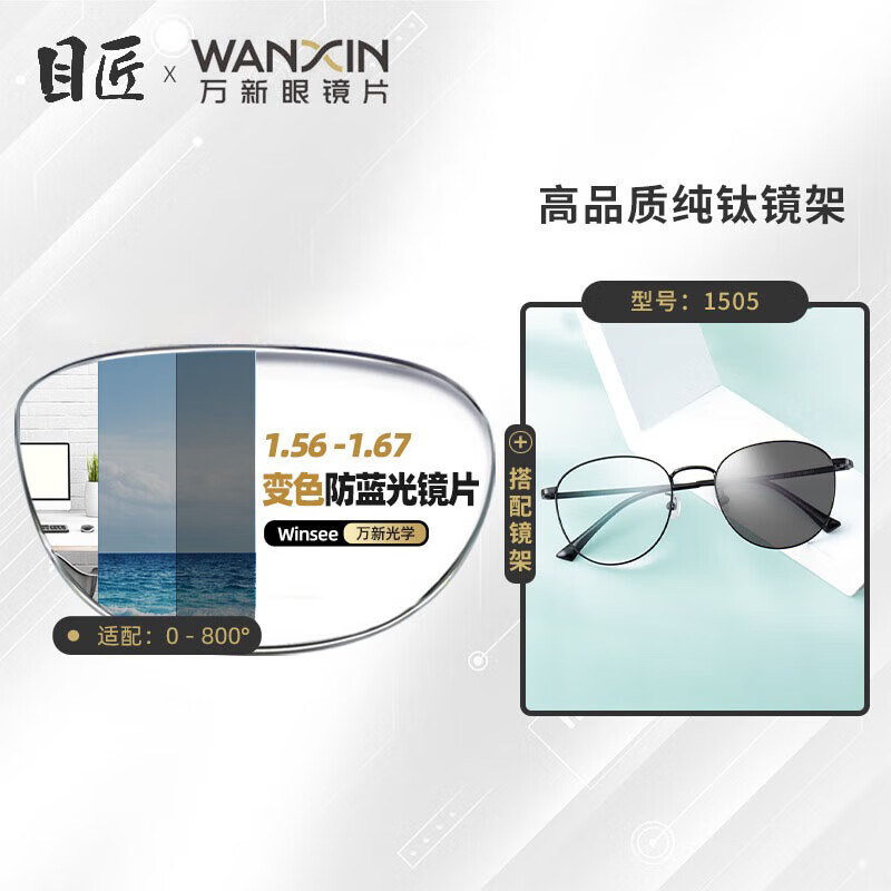 目匠 万新变色防蓝光超薄镜片 高品质树脂防辐射近视镜片2片装 【纯钛