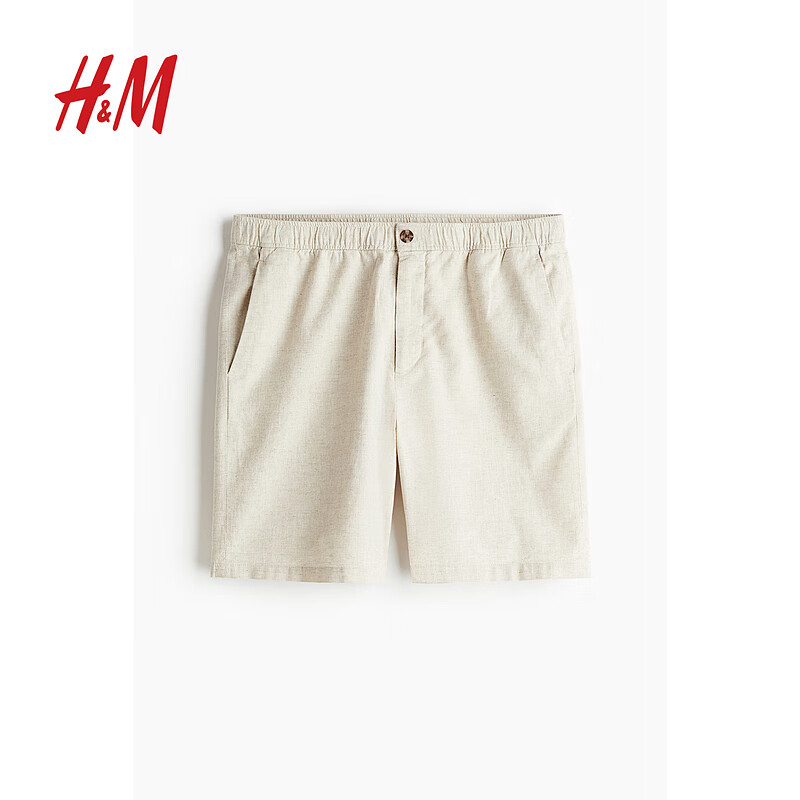 H&M男装2024夏季新品裤子时尚简约标准版型亚麻混纺短裤1137701 浅米色009 175/88