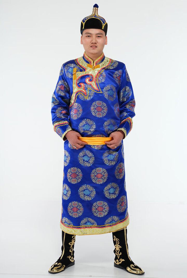 呢好酷蒙古服装男 战袍蒙古袍成人缎面长款蒙古族演出服装男民族舞蹈