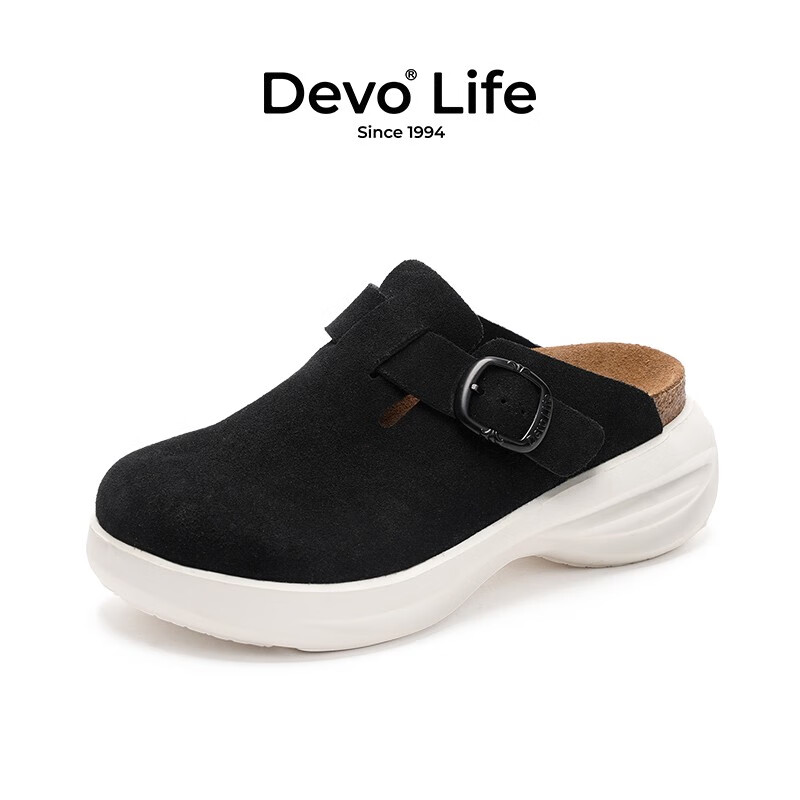 Devo的沃软木拖鞋勃肯鞋半包厚底增高牛皮时尚包头拖鞋女款22011 黑色反绒皮 34 （建议拍小一码）