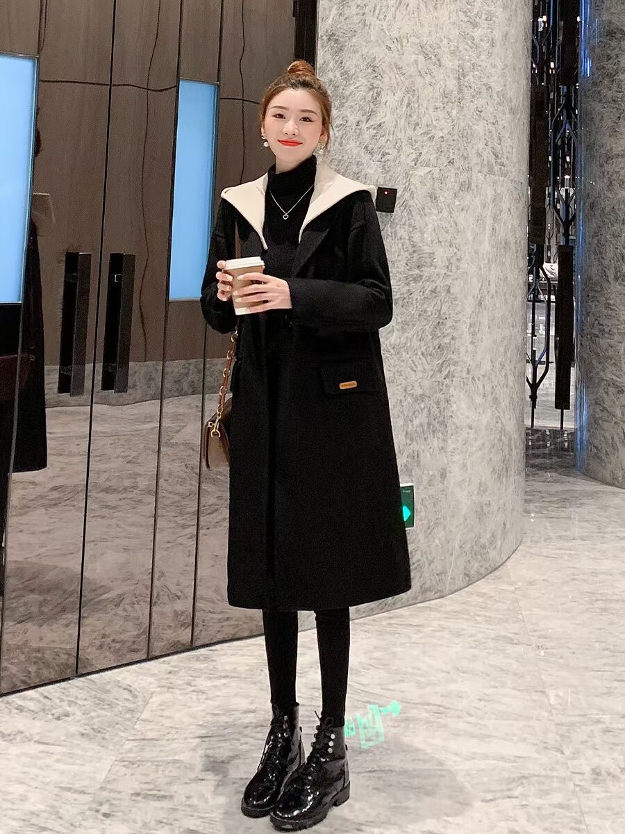 度凡尼斯双面尼中长款小个子穿的大衣羊绒戴帽子双面羊绒大衣女新款