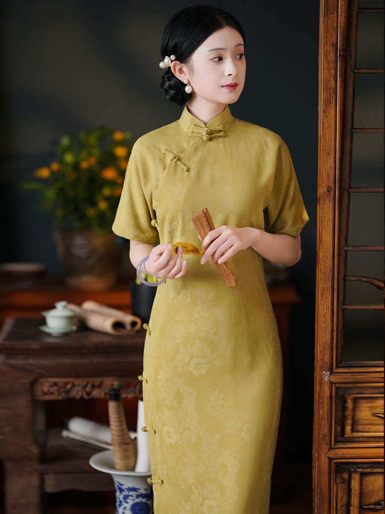 帛雷斯诺女士旗袍传统旗袍短袖长款日常旗袍全开襟一片式平裁老上海