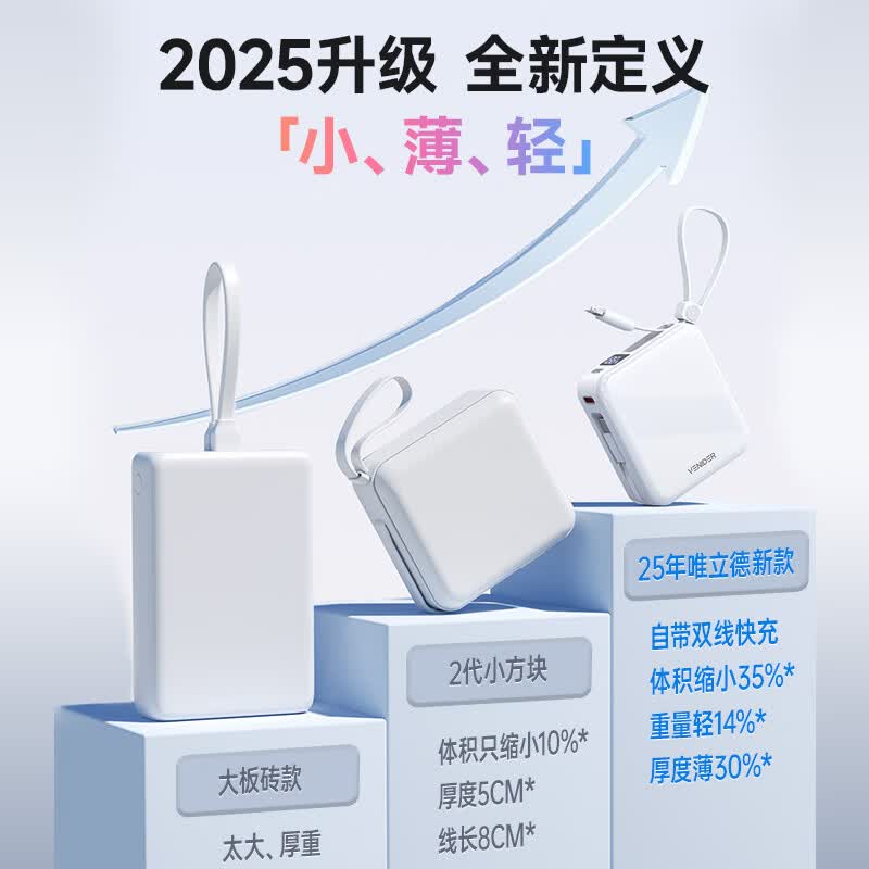 VENIDER【热销1000W+丨2026新款超级快充】充电宝国家3C安全认证可上飞机高铁小巧自带双线适用于苹果华为 樱花粉丨Mini自带双线10000mAh Mini便携大容量丨最新国标3C认证丨双线闪充