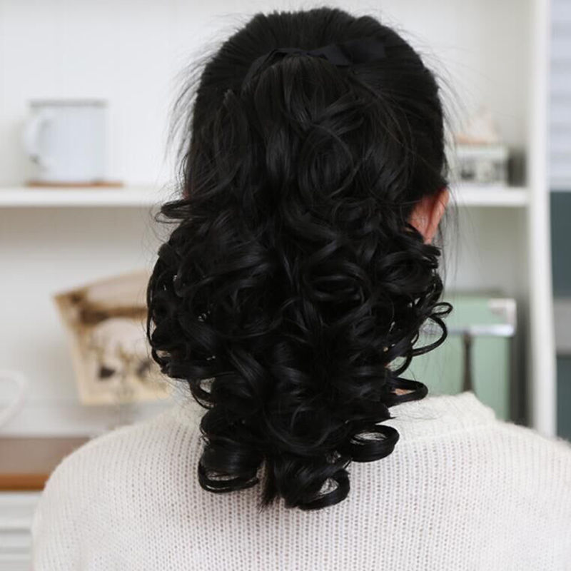 马尾绑带式隐形无痕逼真接发片自然大波浪梨花卷发短款 自然黑 中长发