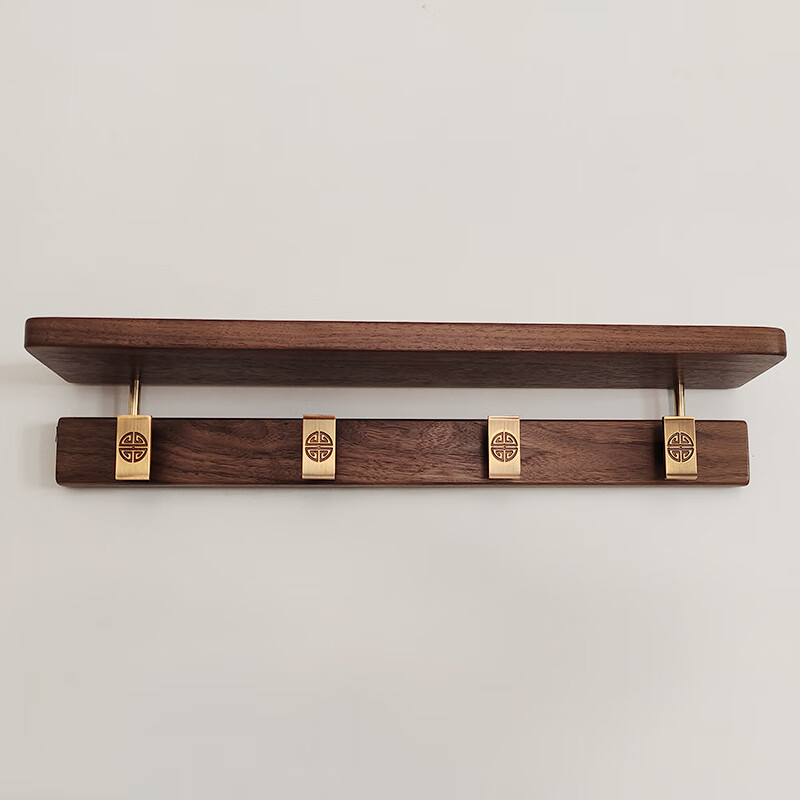 何健弓入戶掛衣架墻上創(chuàng)意墻壁掛衣鉤進(jìn)門玄關(guān)衣帽架鑰匙壁掛黑胡桃實(shí)木 黑胡桃木4鉤長50CM+置物架