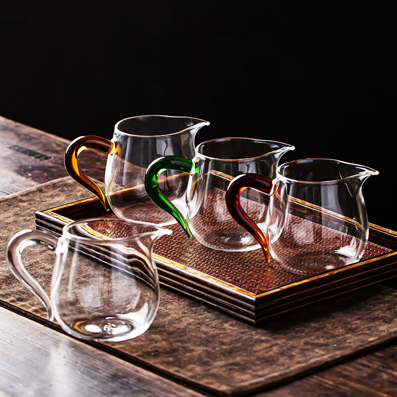 流影日式玻璃公道杯耐热家用茶海分茶器透明公杯加厚高档功夫茶具茶盅 企鹅公道杯-绿把450ml+分体式茶漏套组