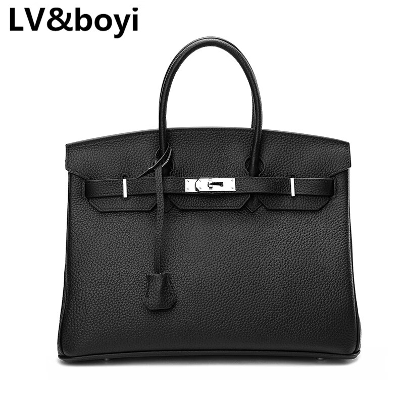 lv&boyi奢侈品官方品牌包包头层牛皮银扣铂金包大容量女士手提包