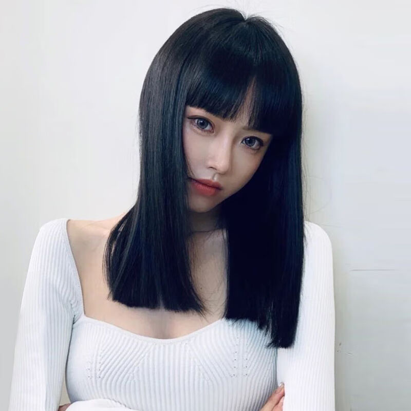 唐妮  假发女长发自然全头套式锁骨发漫画空气刘海中长发一刀切黑长