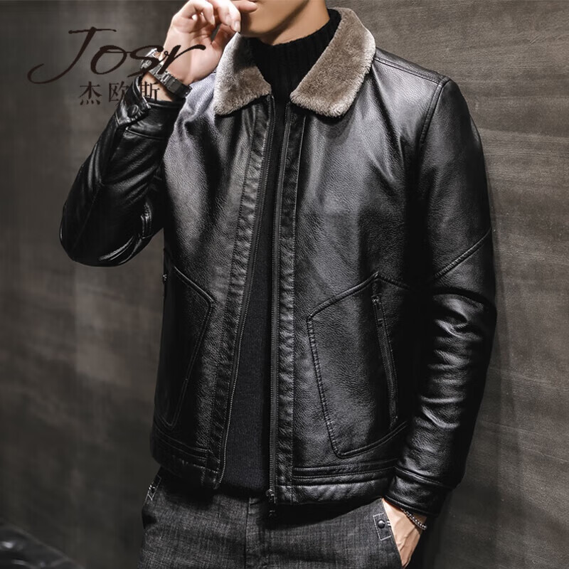 josr品牌男士真皮皮衣韩版潮流皮毛一体皮夹克中青年商务休闲皮质上衣