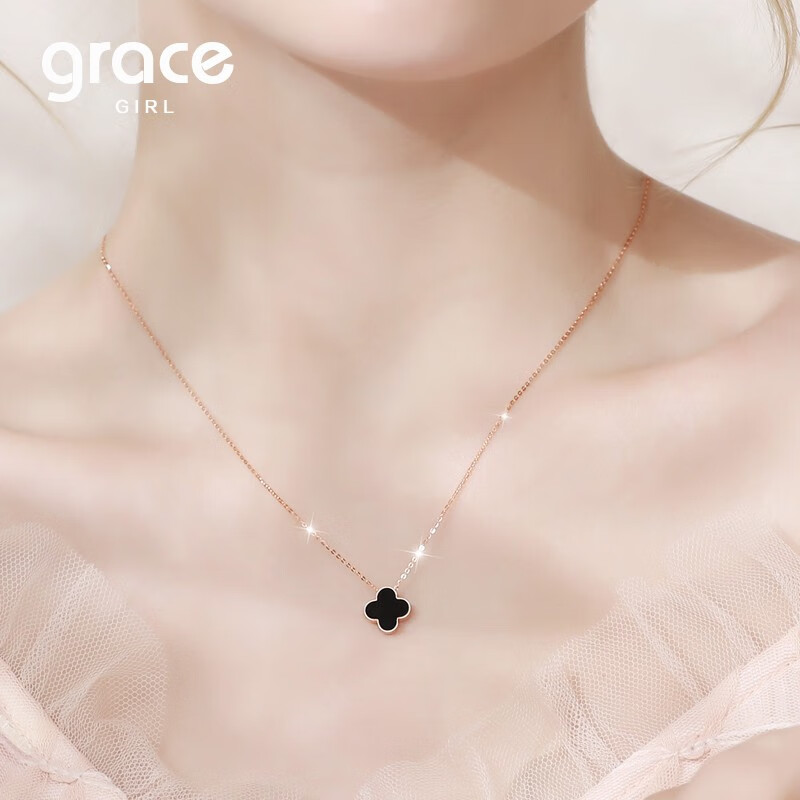 grace四叶草项链女18k金玫瑰金锁骨链韩国彩金玛瑙吊坠一款两戴反面
