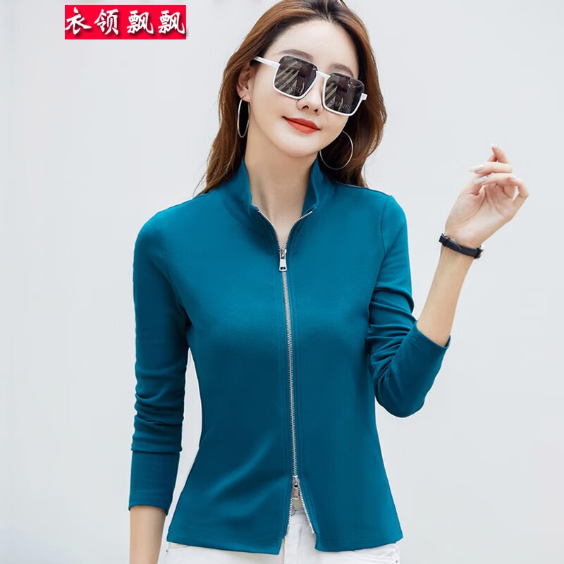 衣领飘飘时尚立领拉链长袖t恤女装春秋装上衣新款女士衣服体恤衫棉个性潮 蓝色 S(80-95斤)