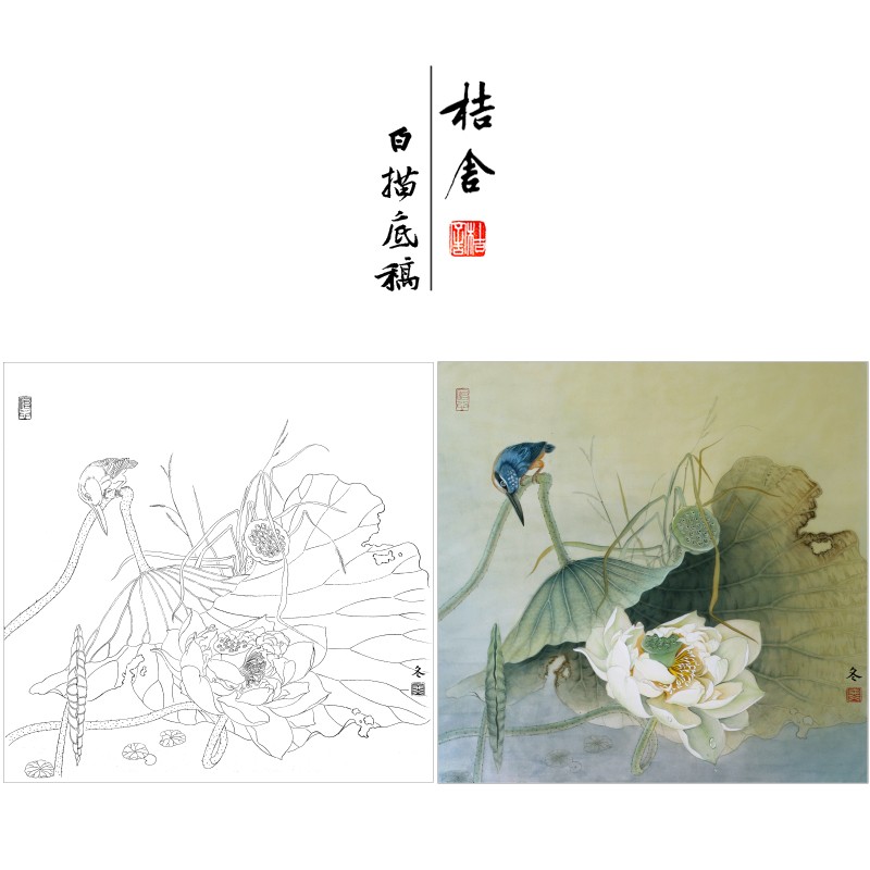 杨冬冬工笔画白描底稿荷叶翠鸟小品原作大小42×43厘米花鸟线稿带a3