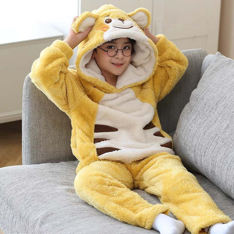 EMBERLOVE儿童睡衣连帽两件套冬季保暖居家加厚加绒珊瑚绒男童可外穿家居服 N103黄小熊【连帽绒】 16码 135-145cm 55-65斤使用感如何?