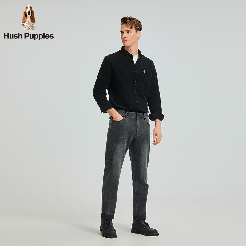 暇步士(Hush Puppies)【柔软耐磨】男装秋季面料厚实复古细条灯芯绒衬衫 墨蓝色 L