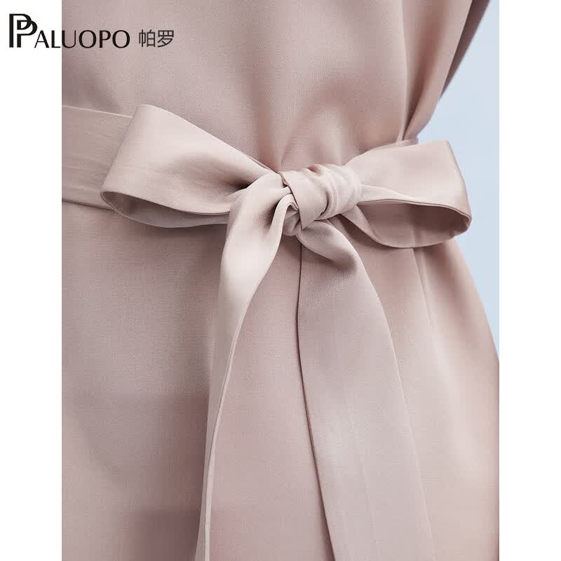 帕罗（PALUOPO）新款22姆米重绉圆领纯色短袖连衣裙重磅真丝高腰销售系带淑女裙子 粉紫 S (155/80A)