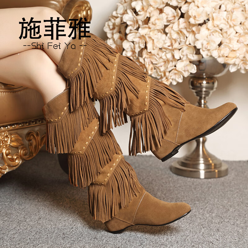 流苏靴女2021新款内增高长靴秋冬季加绒显瘦休闲仙女中跟及膝靴 棕色