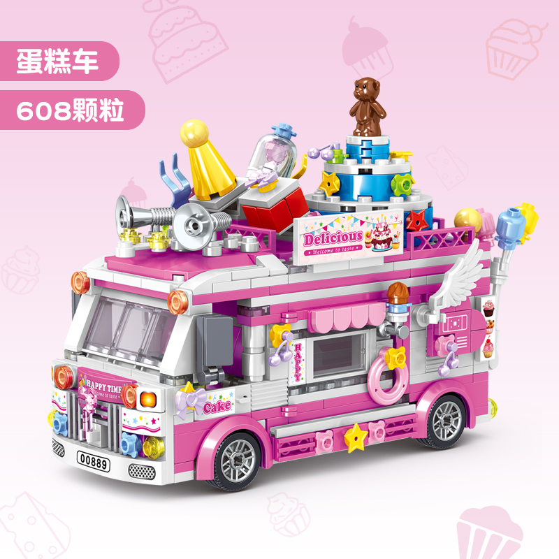 哲高 积木拼装雪糕车冰淇淋汉堡车美食车儿童玩具送女生生日礼物 00889蛋糕车-608PCS