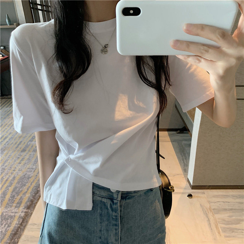 短款短袖T恤女夏潮韩版学生宽松时尚洋气设计感不规则上衣 白色 XL