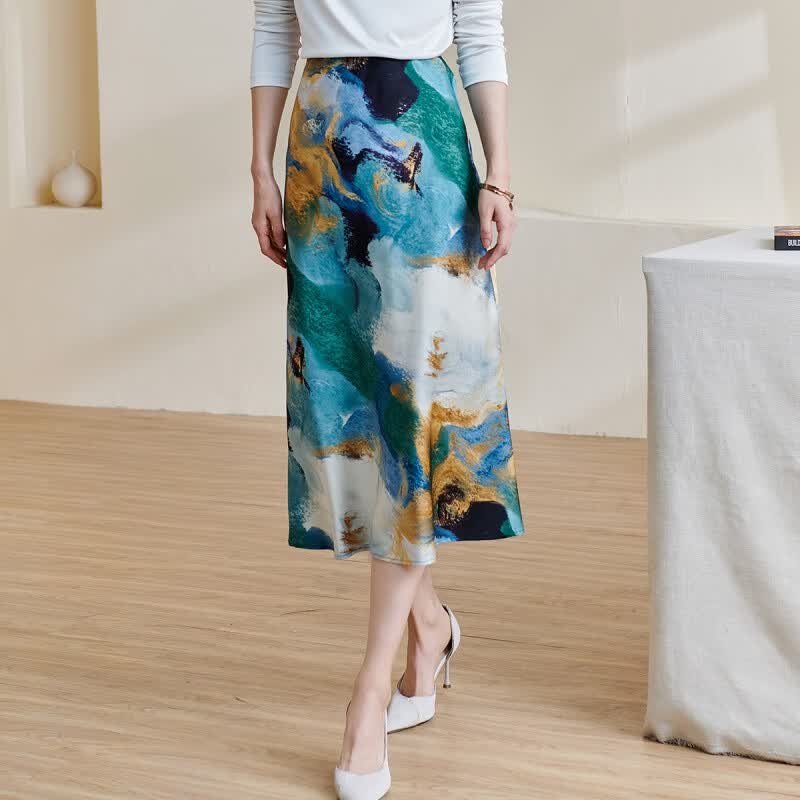 米思阳（missshine）2026新款时尚水彩印花中长裙顺滑显瘦A字半身裙女0630 绿色  2XL