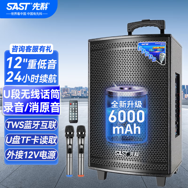 先科SA-122 12英寸广场舞音响户外大功率移动拉杆音箱无线蓝牙大音量K歌专用便携式配双话筒 长续航版