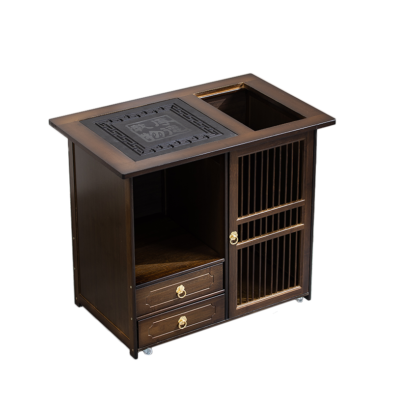 淘慕 移动茶车功夫茶盘茶桌家用小茶台茶几茶水架客厅茶室阳台烧水泡茶柜 胡桃色78长(双抽单门)+底部上水玻璃款电器