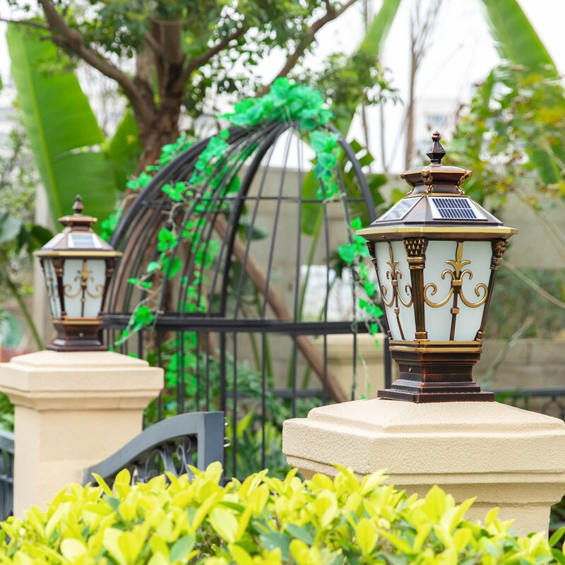 灯欧式围墙灯柱子灯复古防水门柱灯 九寸菱角尖花太阳能柱头灯双色光