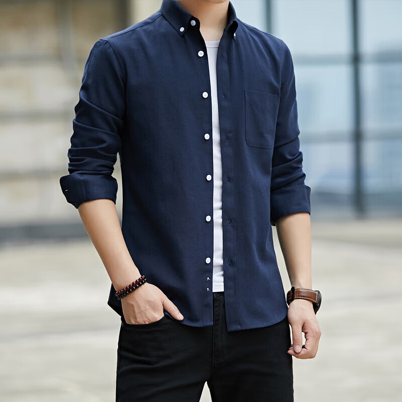凯逸弗（kainifu）新款牛津纺长袖衬衫男士衬衣韩版修身中青年休闲男装 藏蓝色 XL