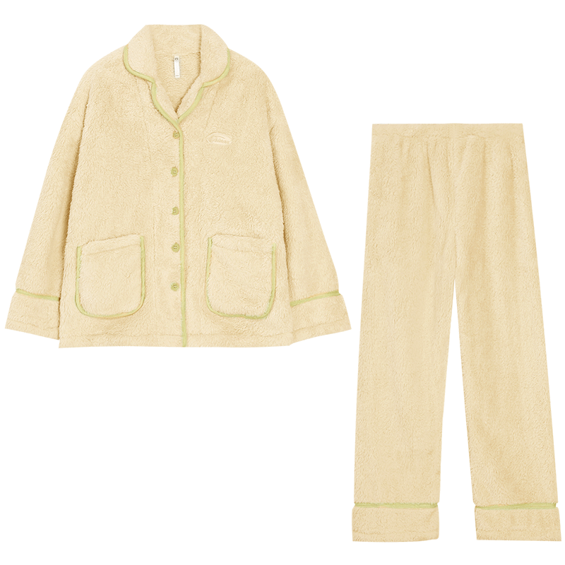 紅豆睡衣女珊瑚絨加厚簡約情侶款開衫保暖家居服套裝