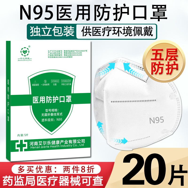 仁心济民 N95医用防护口罩 【独立包装】一次性挂耳式成人无菌带溶喷层儿童N95口罩 N95医用防护口罩20只