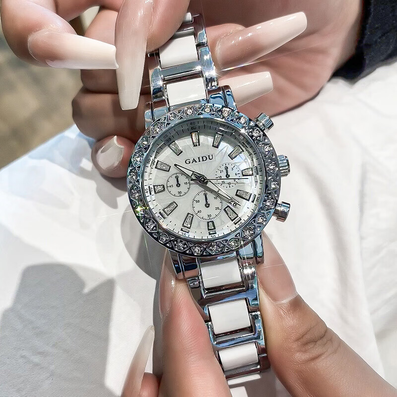 凯度（GAIDU）轻奢小众手表正品名牌时尚机械风镶钻陶瓷大表盘女士石英表礼物 陶瓷白（送高档礼盒套装）