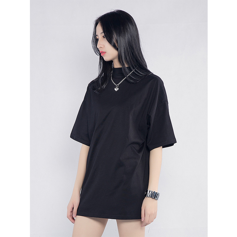 德朔半高领t恤衫全黑色半高领t恤女短袖2020年夏季ins潮中袖宽松韩版