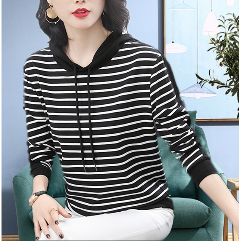 子的连帽长袖t恤女人秋款秋装2020中年秋衣外穿宽松条纹棉质女式上衣