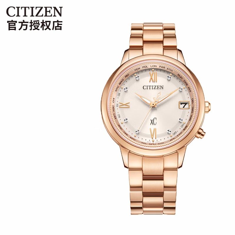 西铁城(citizen) citizen光动能xc系列粉金色朱红表盘万年历多功能女