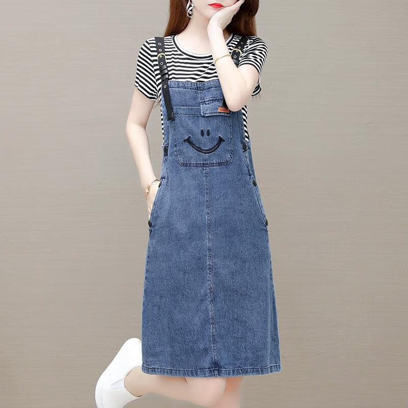 矮小個子牛仔背帶裙女士連衣裙背帶裙女夏季2022年新款氣質(zhì)顯瘦吊帶裙假兩件薄款休閑牛仔連衣裙 條紋 2XL