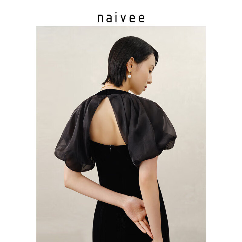 纳薇（naivee）商场同款naivee纳薇22秋新款复古方领宫廷风透视丝绒小礼服小黑裙 黑色 170/92A/XL