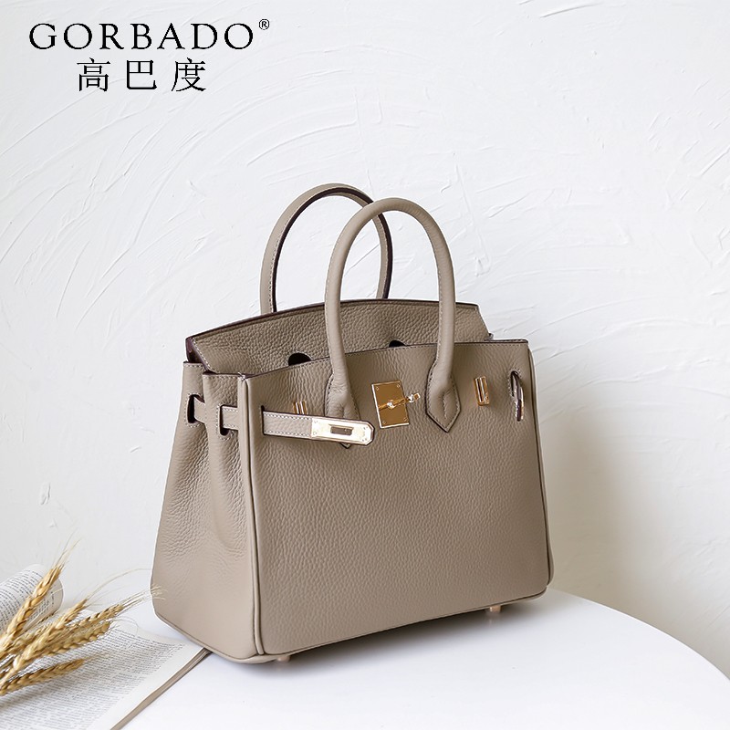 高巴度（GORBADO）荔枝紋鉑金包真皮新娘包紅色結(jié)婚包包2025新款大容量手提凱莉包女 大象灰（小號25cm）