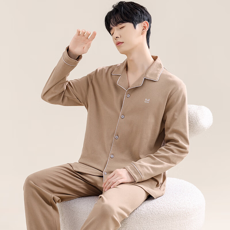 猫人纯棉家居服纽扣款 160g 云感睡衣 可外穿保暖家居服套装 深蓝 XL