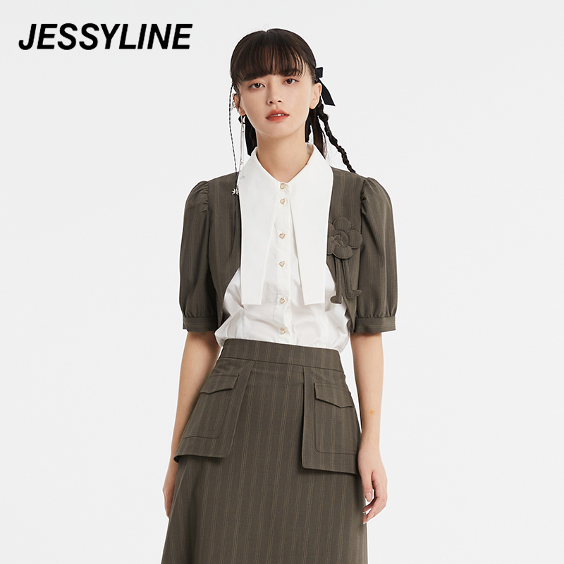 Jessy line夏季专柜款 杰茜莱时尚拼接休闲衬衫女 22119 咖色 XS/155