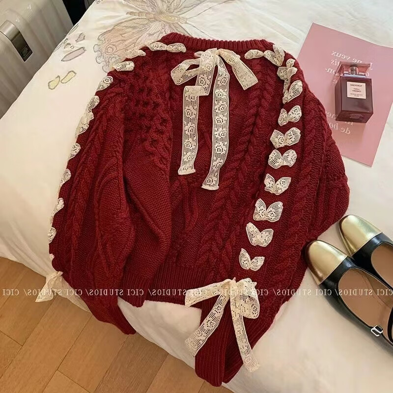 莱景红色本命年加厚毛衣女2026秋季新款圣诞甜美蝴蝶结针织衫女上衣 图片色 均码 建议80-140斤