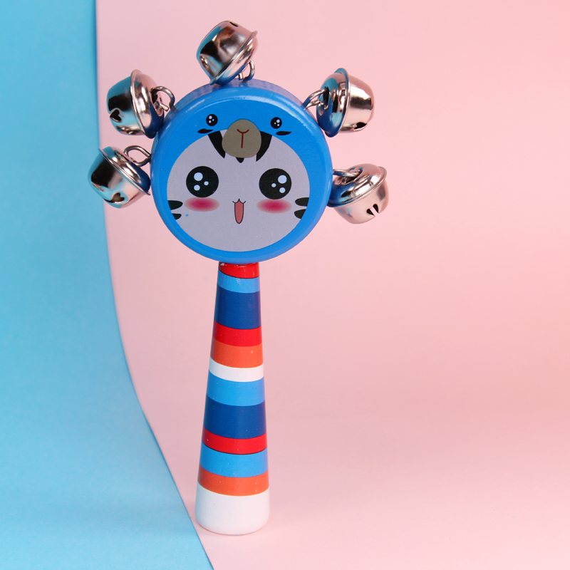 婴儿玩具木制串铃宝宝追视红球新生儿小沙锤hxm1 蓝色卡通摇铃(1个)