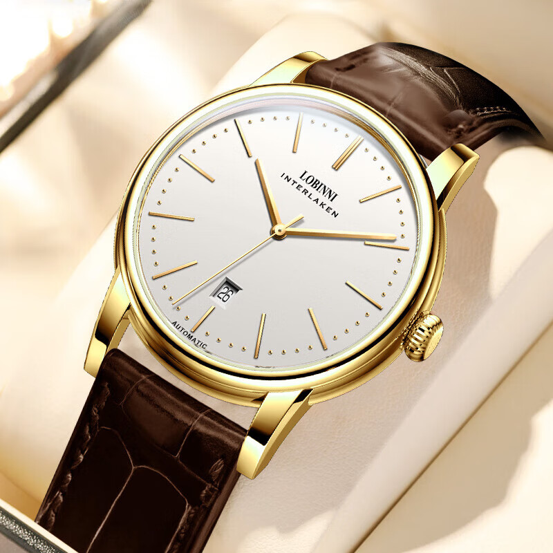 羅賓尼（LOBINNI）手表男士全自動(dòng)機(jī)械表多功能薄商務(wù)男表瑞士風(fēng)格百搭簡(jiǎn)約潮流國(guó)表 【升級(jí)典藏版】黃金玉白【進(jìn)口機(jī)芯】