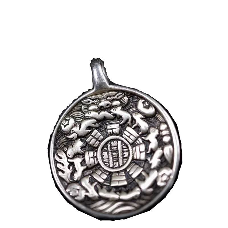 藏式手工迷你小号藏银九宫八卦牌猪鼻文玩配件吊坠挂件藏式老物件 标准